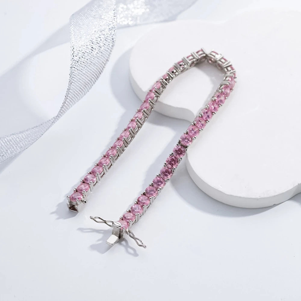 New In Solid 925 Sterling Silver 5MM Lab Pink Sapphire Gemstone Tennis Chain Bracelets