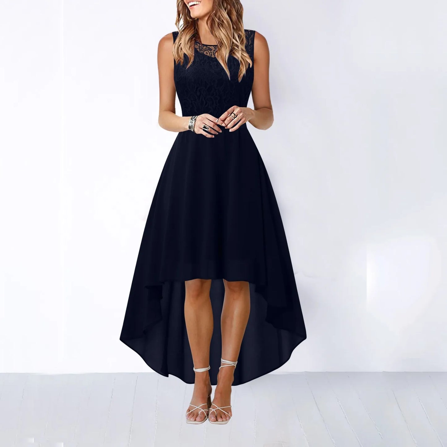 Bow Belt Elegant Irregular Length Women's Elegant Dress Sleeveless Chiffon