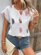 Women's Loose Feather Print Keyhole Neck Blouse, Summer Casual Top