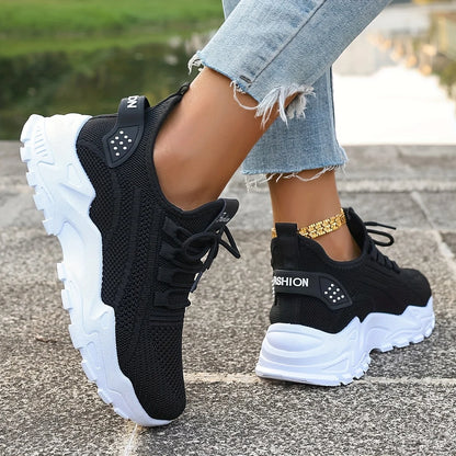 Fashion Knitted Sneakers for Women Mesh Breathable Lace-up Casual Sports Shoes