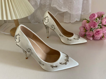 Luxury Leaves Metal Heel Women Shoes Pointed Toe Blue White Pink Black Silk Stiletto High Heels