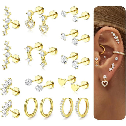 11 Pairs Flat Back Earrings for Women-20G Surgical Stainless Steel Stud and Hoop Earring