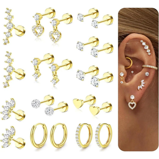 11 Pairs Flat Back Earrings for Women-20G Surgical Stainless Steel Stud and Hoop Earring
