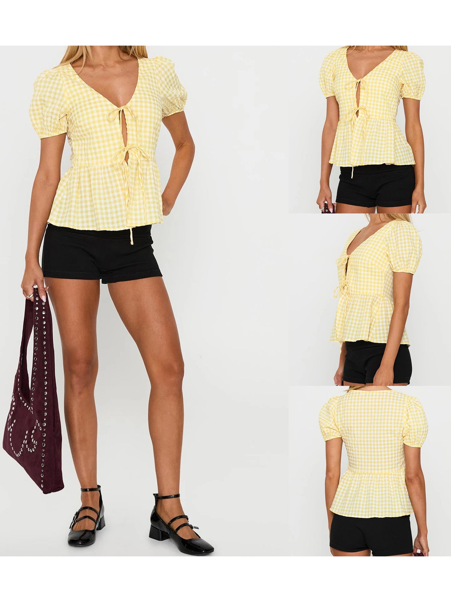 Women s Plaid Print Tie-Front Blouse with Short Sleeves and V-Neckline