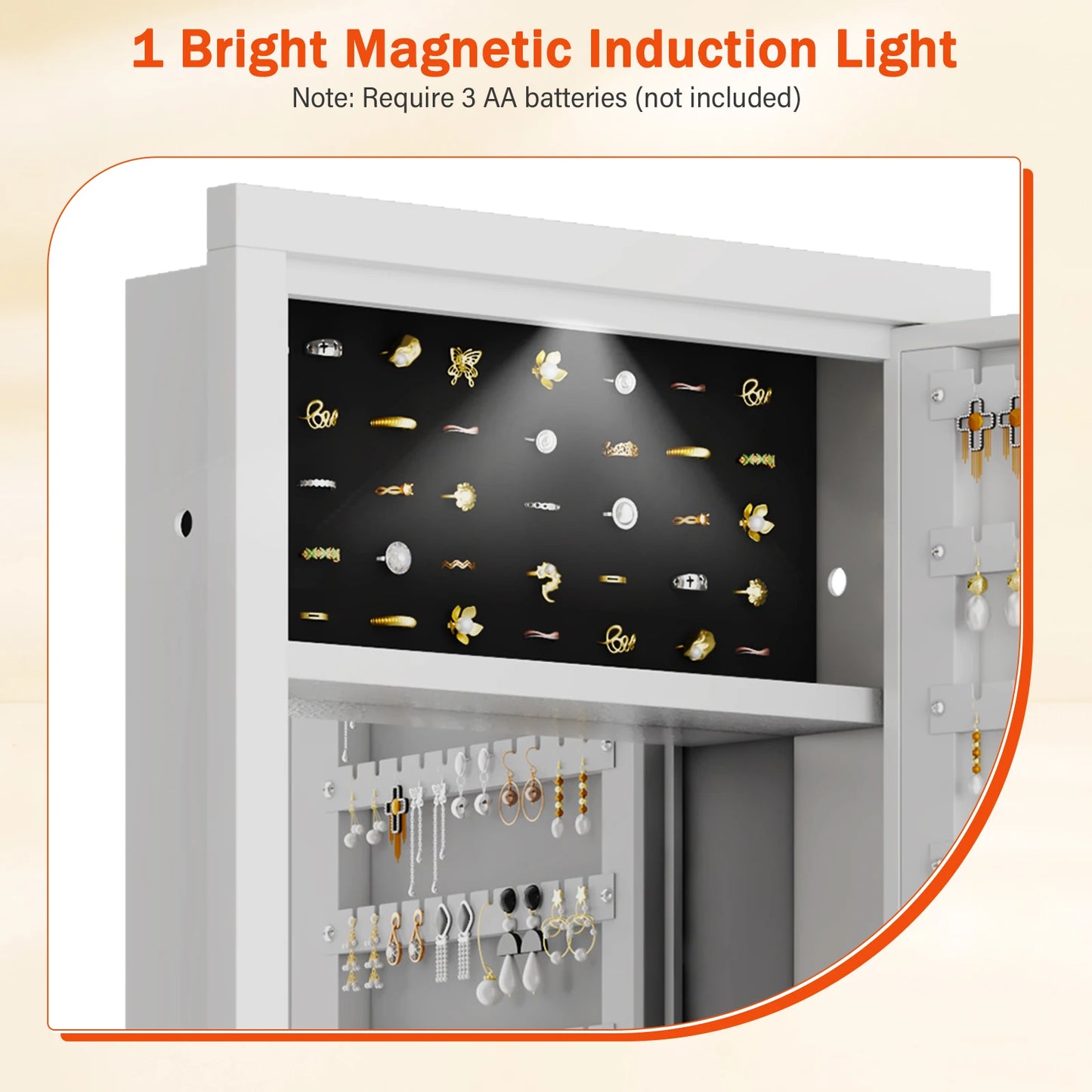 Mirror Jewelry Cabinet, 47.24" Tall Wall Mounted Jewelry Cabinet with Mirror and Light, Large Jewelry Armoire Organizer