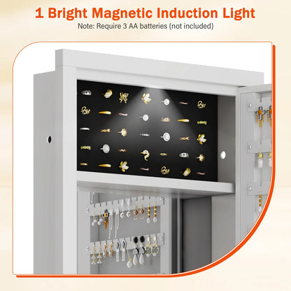 Mirror Jewelry Cabinet, 47.24" Tall Wall Mounted Jewelry Cabinet with Mirror and Light, Large Jewelry Armoire Organizer