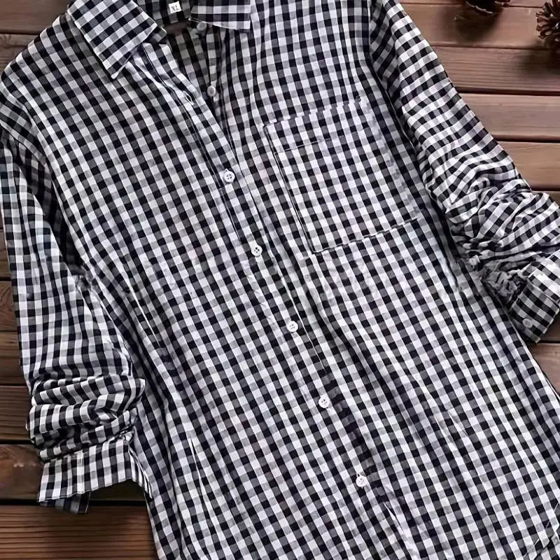 2025 New Gingham Turn-Down Collar Long Sleeve Shirt