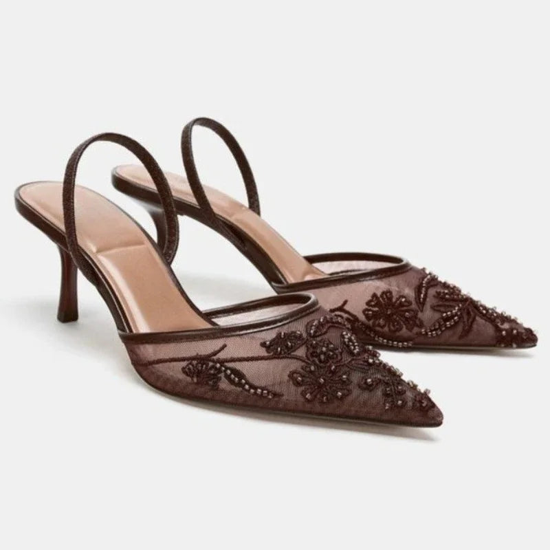 Brown String Bead Mesh Embroider Slingback High Heels Sexy Pointed Toe