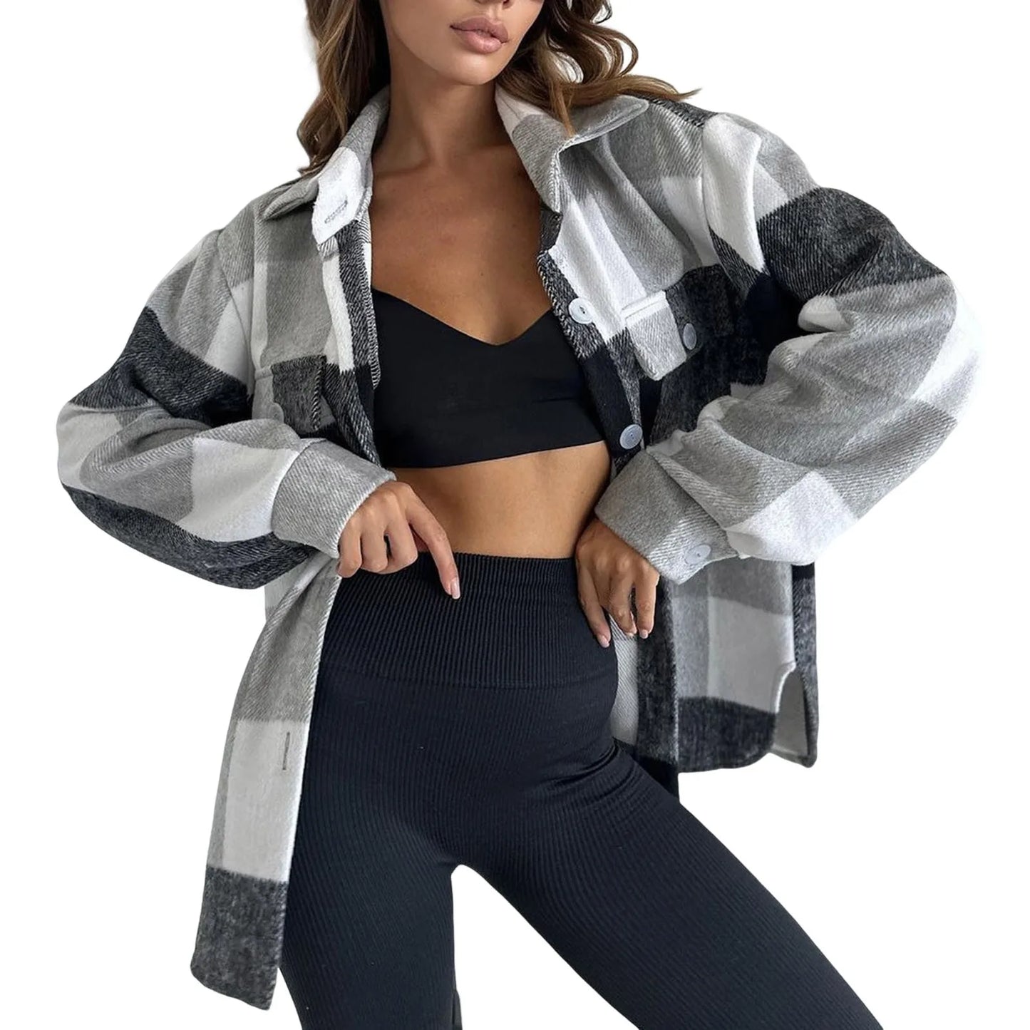 Fall Winter Classic Plaid Shirt for Women Plus Size Flannel Button Down Lapel Shirt