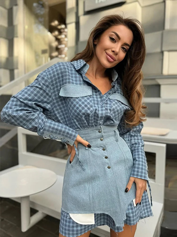 Lapel Color Blocked Shirt Waist Cinching Irregular Hem Short Skirt Set Woman Loose Long Plaid Shirt Patchwork Women Denim Suits