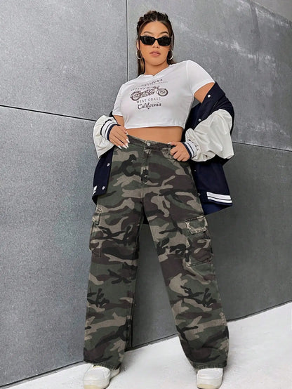 Plus Size Camo Print Wide Leg Cargo Jeans for Women