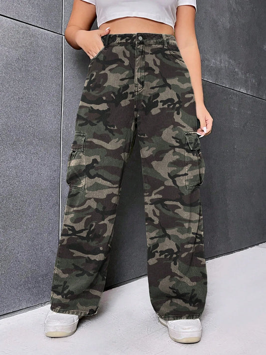 Plus Size Camo Print Wide Leg Cargo Jeans for Women
