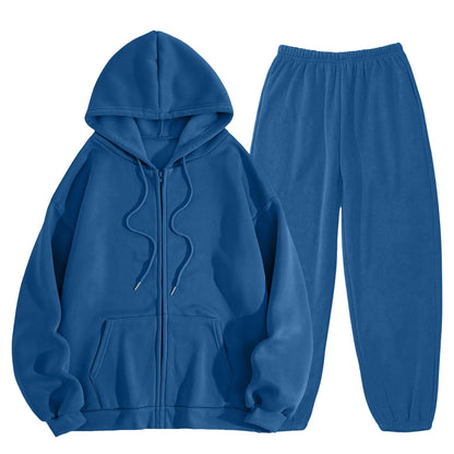 Women Long Sleeve Solid Color Hooded Sweatshirt and Pant