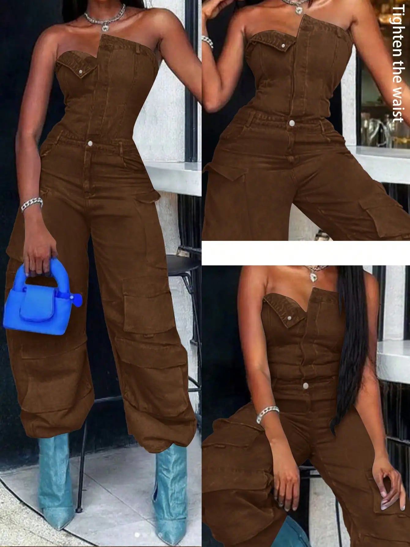 Olive Green Cargo Jumpsuit for Women, High Waist Wide Leg Denim with Multiple Pockets