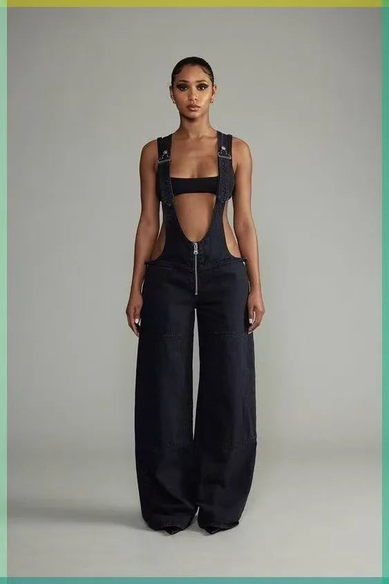 Low Waist shoulder Strap Wide Leg Jeans Low Rise Cargo Trousers with Straps