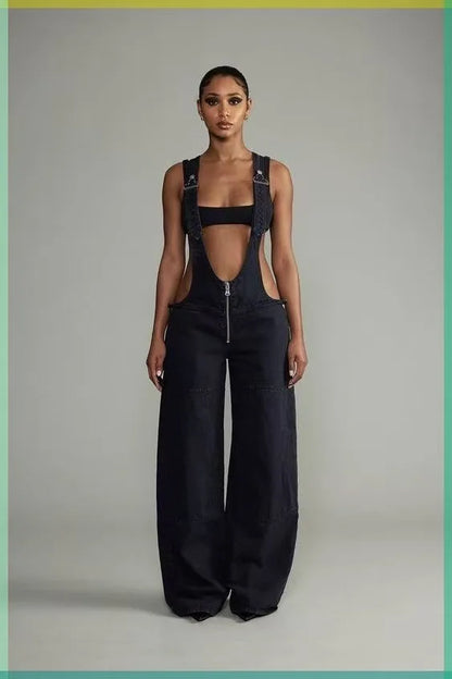 Low Waist shoulder Strap Wide Leg Jeans Low Rise Cargo Trousers with Straps