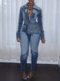 Denim Two-Piece Set, High Elasticity Fabric, Slim Fit Design, Features a Mock Lapel Top and Tailored Pants