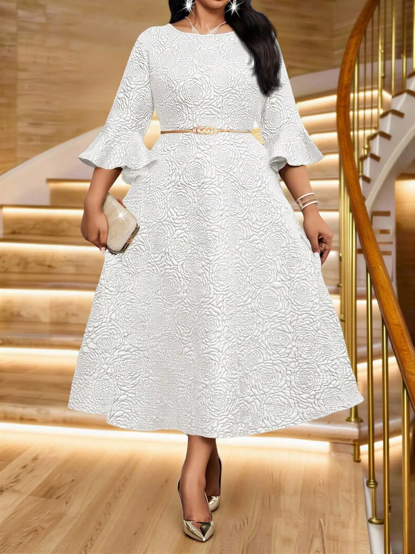 Plus Size Jacquard Floral Dress with Flared Sleeves & Waist Belt