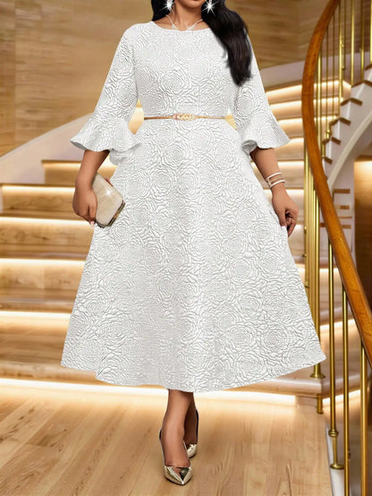 Plus Size Jacquard Floral Dress with Flared Sleeves & Waist Belt