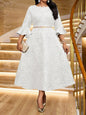 Plus Size Jacquard Floral Dress with Flared Sleeves & Waist Belt