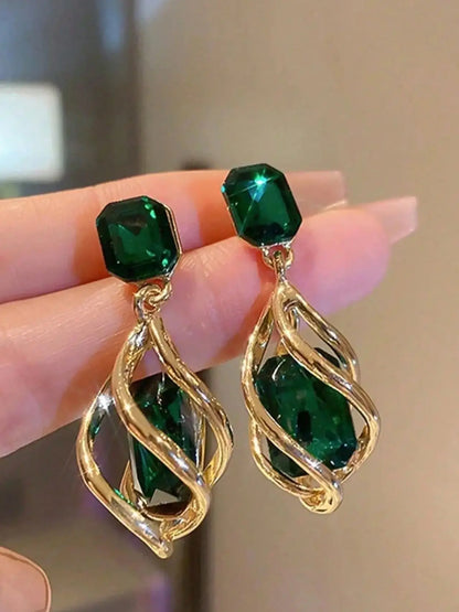 Green Gemstone Diamond Drop Earrings -