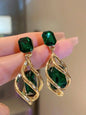 Green Gemstone Diamond Drop Earrings -
