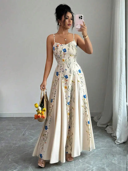 Elegant Cream Floral Print Sleeveless Maxi Dress for Spring Summer