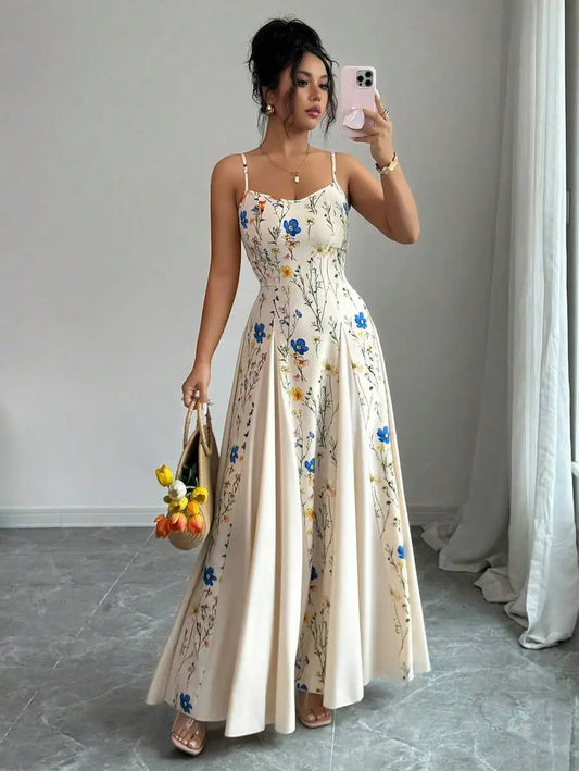 Elegant Cream Floral Print Sleeveless Maxi Dress for Spring Summer