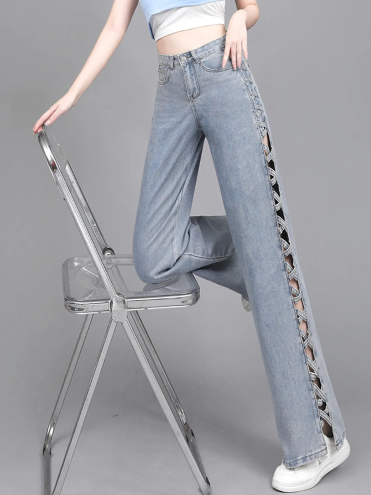 Hollow Wide Leg Jeans Casual Design Slimming High Waist