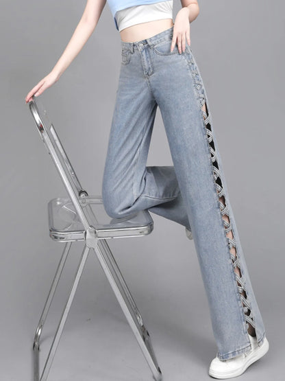 Hollow Wide Leg Jeans Casual Design Slimming High Waist