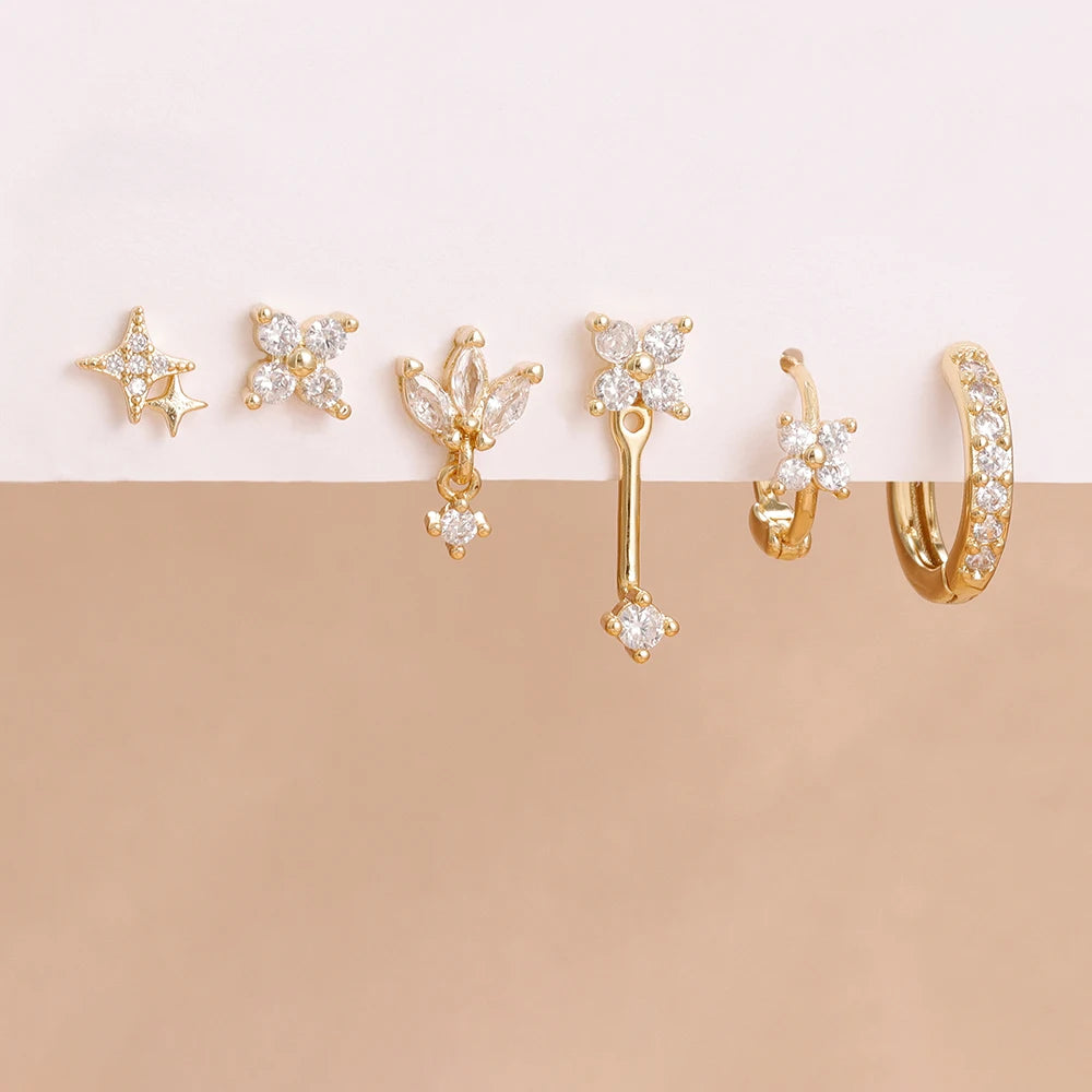 6PCS Fashion Cute Zircon Flower Ear Stud 18K Gold Plated Star Ear Stud Earrings