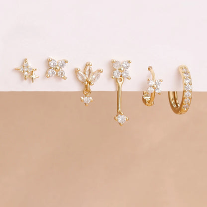 6PCS Fashion Cute Zircon Flower Ear Stud 18K Gold Plated Star Ear Stud Earrings