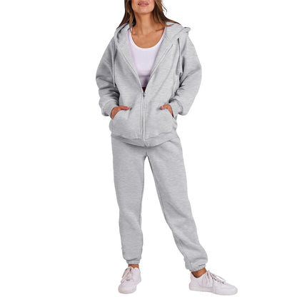 Women Long Sleeve Solid Color Hooded Sweatshirt and Pant