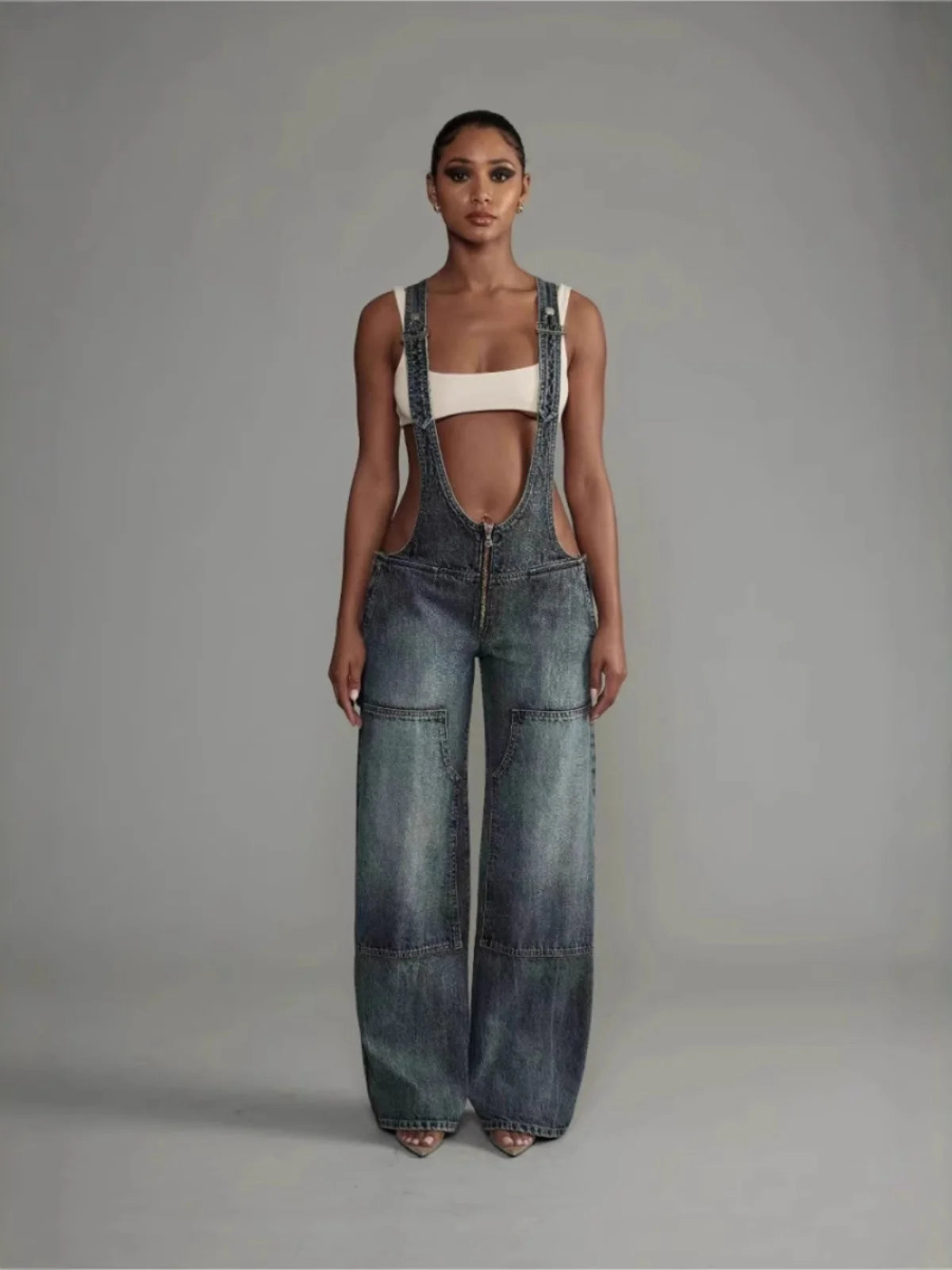 Low Waist shoulder Strap Wide Leg Jeans Low Rise Cargo Trousers with Straps
