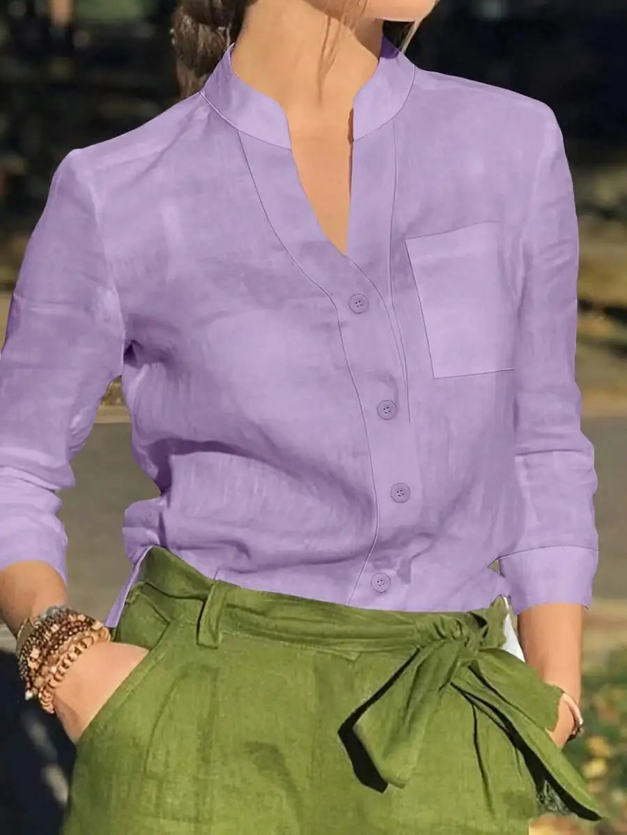 Women's White Linen Blend Button-Up Blouse with V-Neck and Chest Pocket