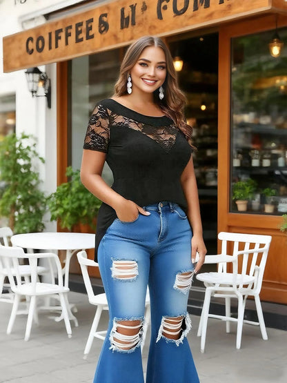 Women’s Plus Size Lace Panel Tunic short Sleeve Asymmetric Hem Flowy Blouse