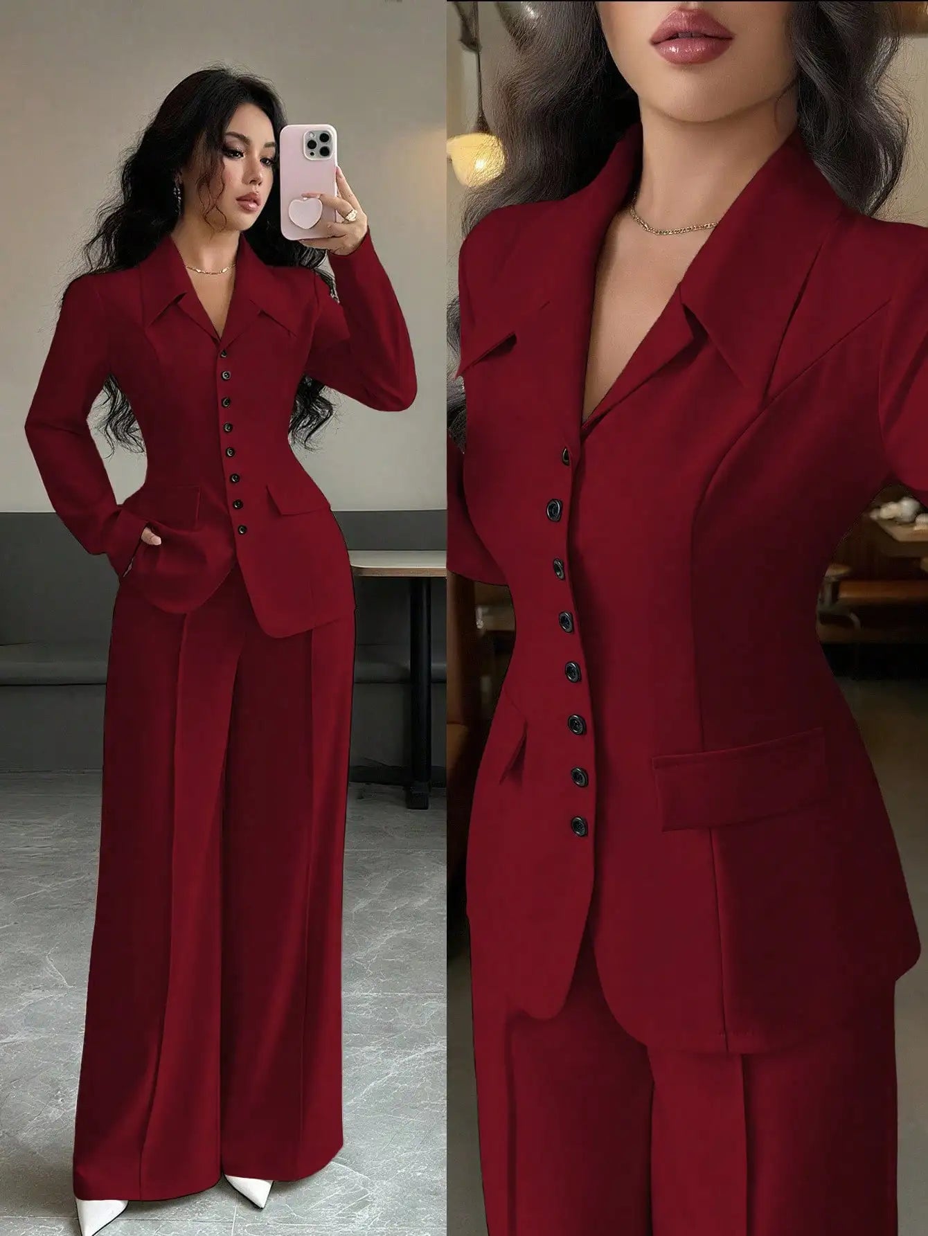Cream Solid Color Tailored Blazer & Wide Leg Pants 2-Piece Set, V-Neck, Contrast Buttons,