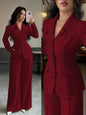 Cream Solid Color Tailored Blazer & Wide Leg Pants 2-Piece Set, V-Neck, Contrast Buttons,