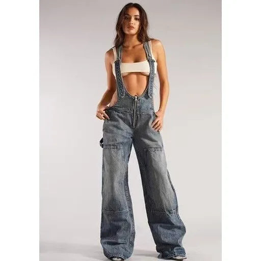 Low Waist shoulder Strap Wide Leg Jeans Low Rise Cargo Trousers with Straps