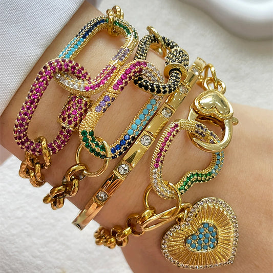 1 PC gold colorful diamond oval buckle bracelet, paired with gold Heart shaped pendant bracelet