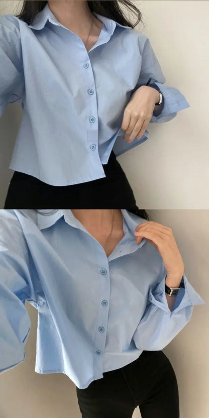 Spring New Casual Long Sleeve Women White Shirt Solid Button Split Woman Crop Tops