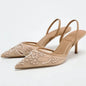 Brown String Bead Mesh Embroider Slingback High Heels Sexy Pointed Toe