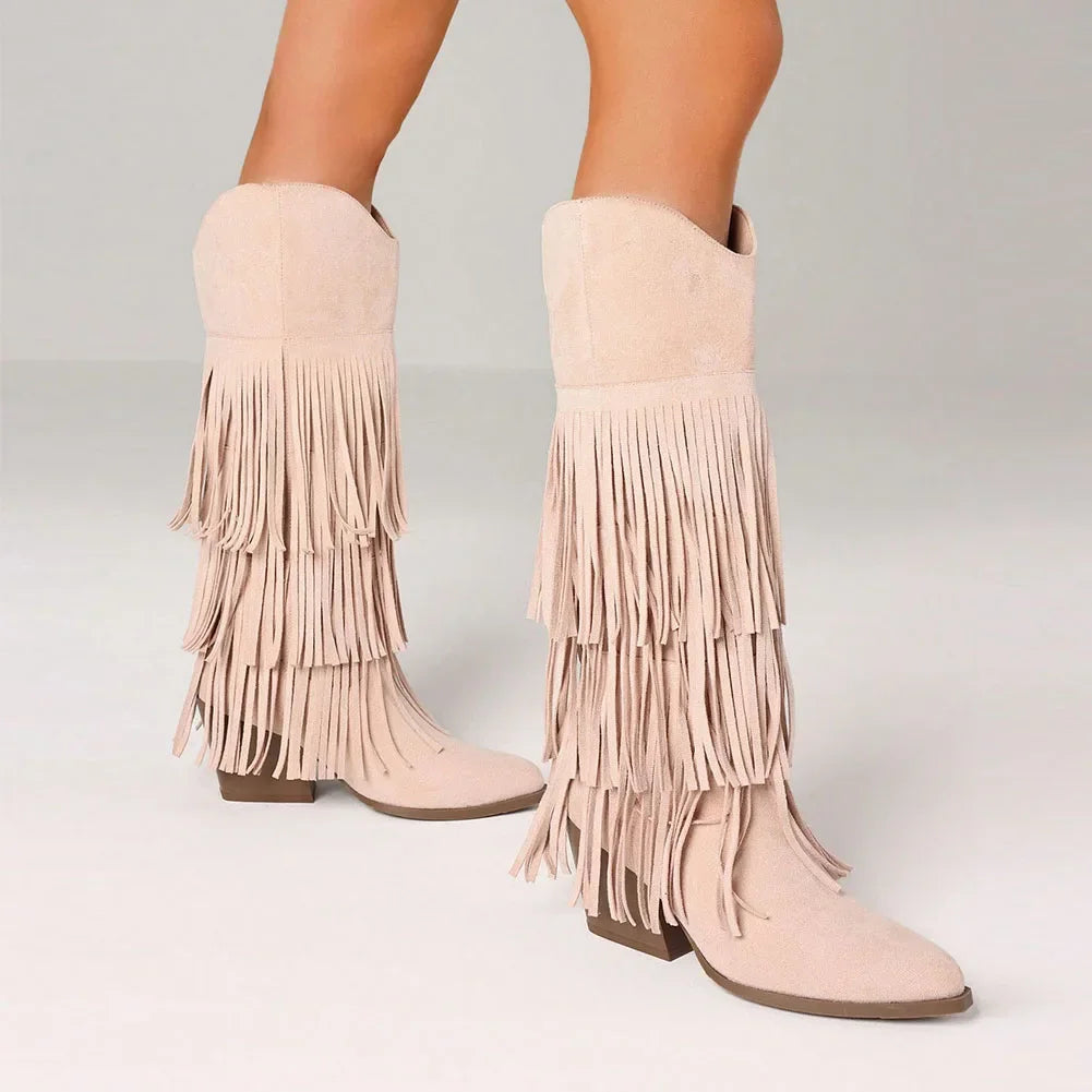 Women's Retro Fringe Knee High Cowboy Boots Fashion Pointed Toe Block Chunky High Heel Pull on
