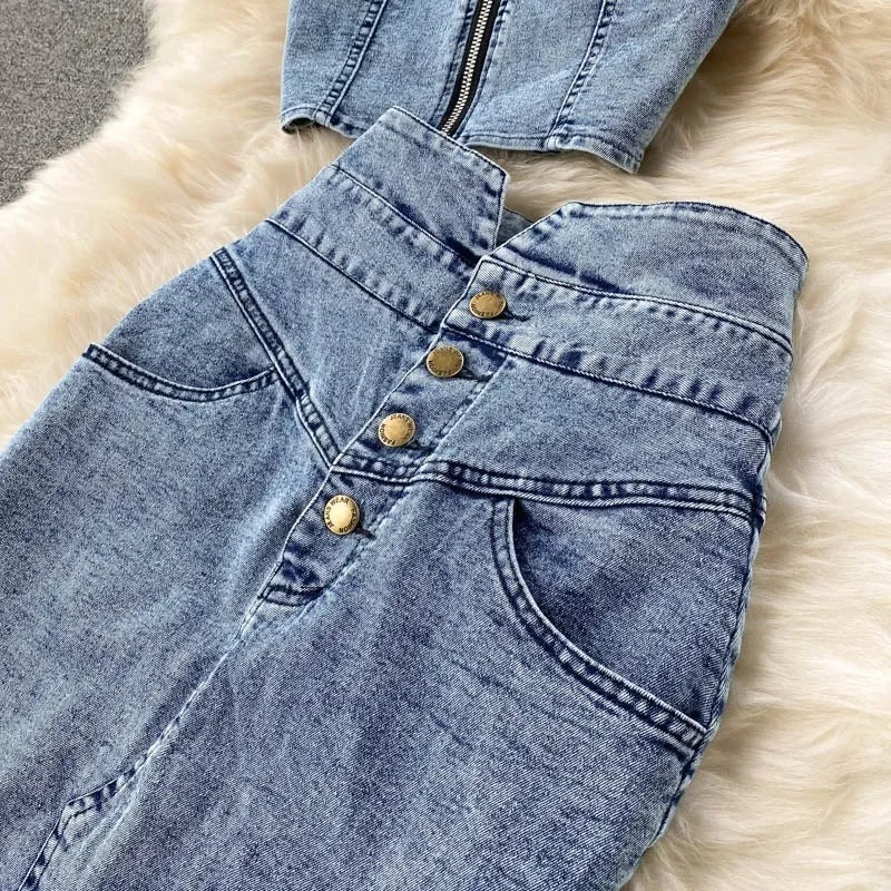 denim 2 piece outfits summer top and skirt