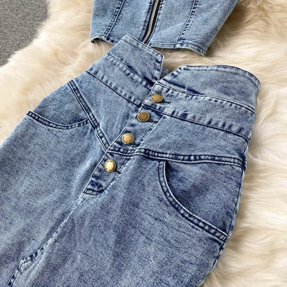 denim 2 piece outfits summer top and skirt