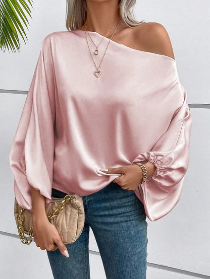 Red Asymmetric One Shoulder Blouse with Lantern Sleeve