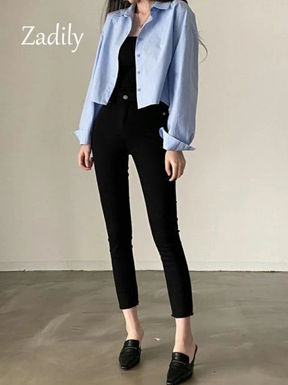 Spring New Casual Long Sleeve Women White Shirt Solid Button Split Woman Crop Tops
