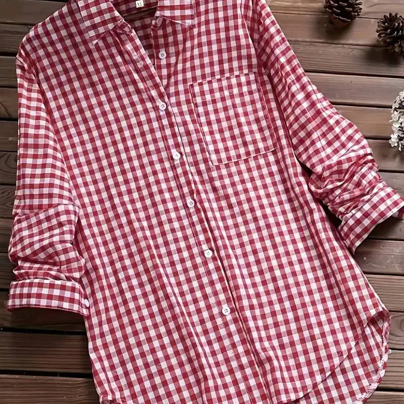 2025 New Gingham Turn-Down Collar Long Sleeve Shirt