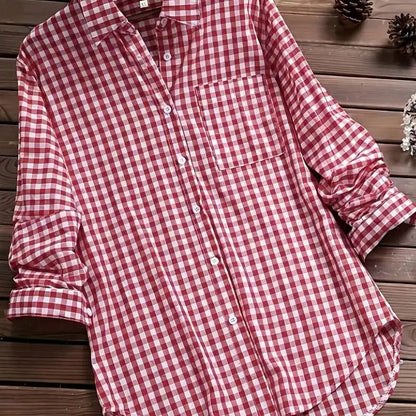 2025 New Gingham Turn-Down Collar Long Sleeve Shirt