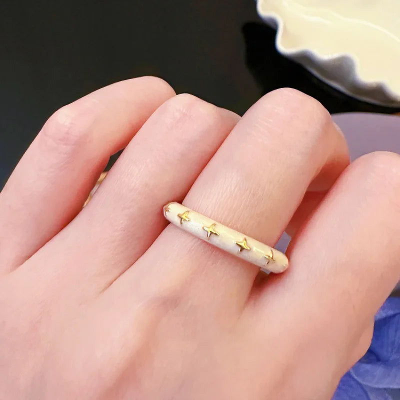 French Enamel Zircon Ring for Women, Adjustable Open Design,